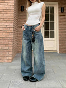 Casual Wide Leg Jeans with Retro Patchwork Design