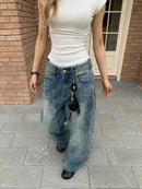 Casual Wide Leg Jeans with Retro Patchwork Design