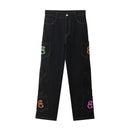 Letter Embroidery Personality All-match Black Jean